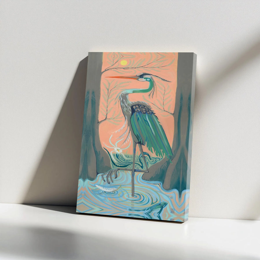 Great Blue Heron Canvas Wall Art | Stylized Coastal Swamp Sunset Print | Premium Gallery Wrap Decor | Modern Nature Gift For Bird Lovers