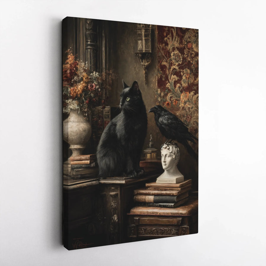 Black Cat and Raven Wall Art | Dark Academia Library Aesthetic | Premium Fade-Resistant Canvas | Gothic Home Decor Gift for Book Lovers
