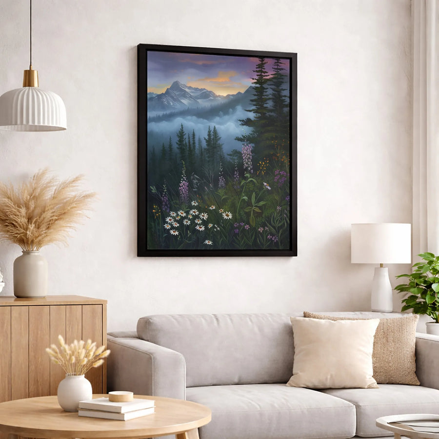 Misty Mountain Landscape Wall Art | Wildflower Pine Forest Canvas Print | 1.25-Inch Gallery Wrap | Premium Nature Home Decor Gift