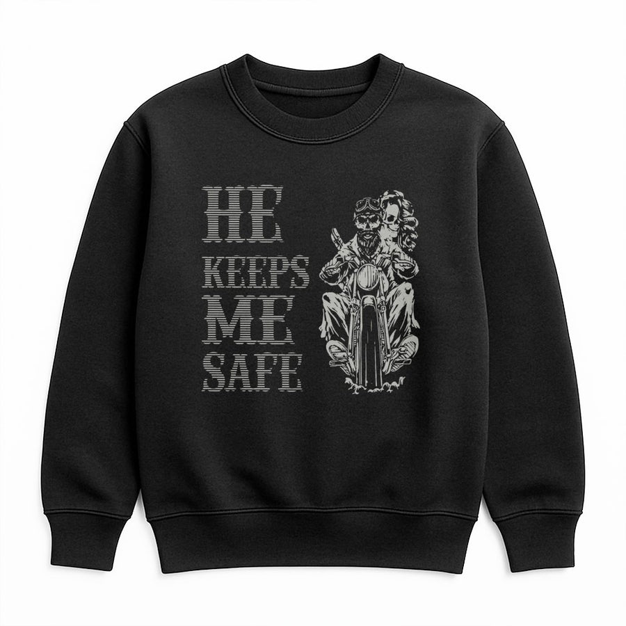 Biker Couple Sweatshirt | He Keeps Me Safe Skeleton Rider Design | Premium Cotton Blend | Gift for Motorcycle Enthusiast Biker Couple