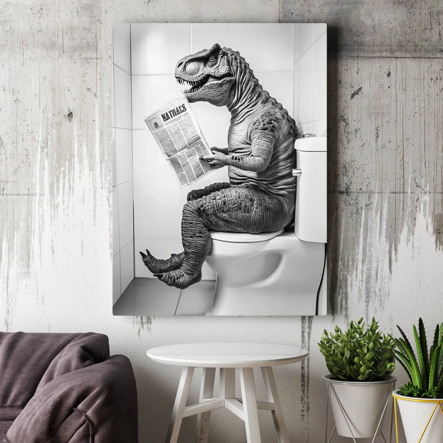 Funny T-Rex Toilet Poster | Dinosaur Reading Newspaper Wall Art | Premium Gallery Wrapped Canvas | Bathroom Decor Gift for Dino Lovers