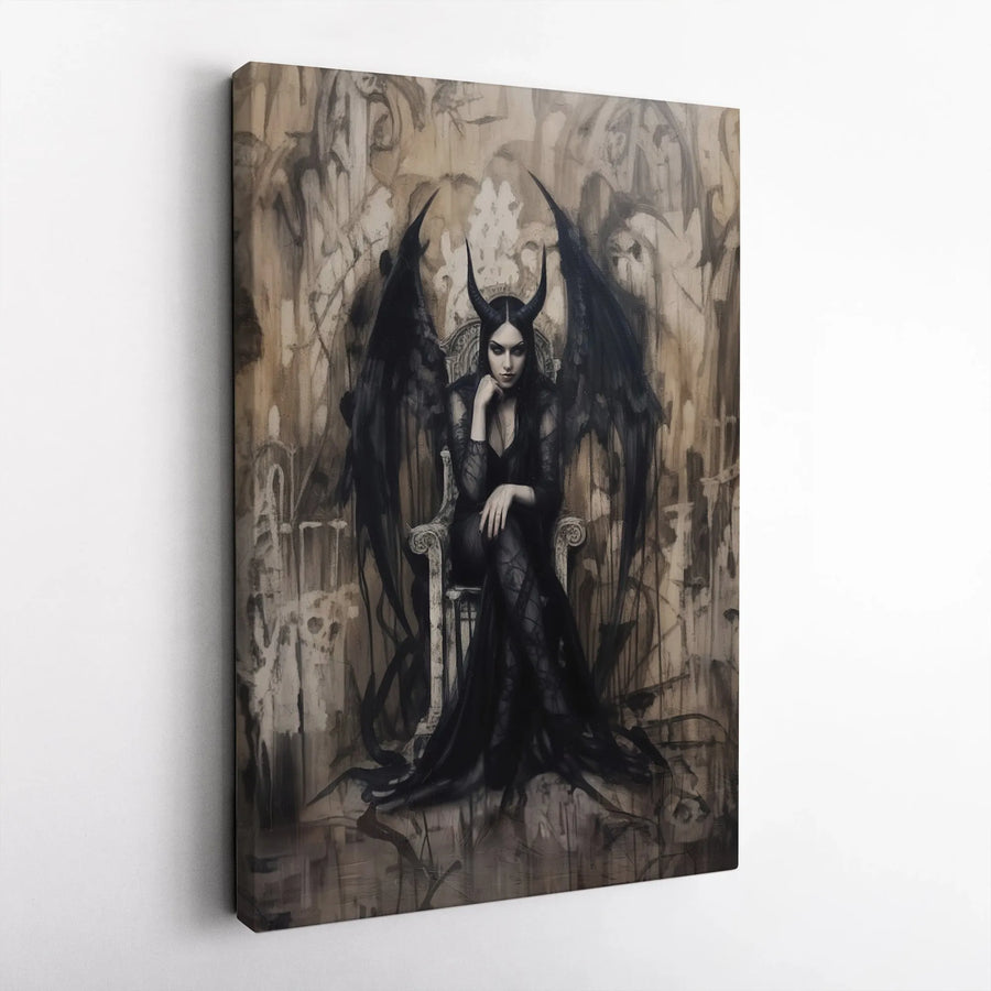 Gothic Demon Queen Canvas Print | Dark Fantasy Fallen Angel Wall Art | Premium 1.25-Inch Gallery Wrap | Spooky Home Decor Gift for Goth Enthusiasts