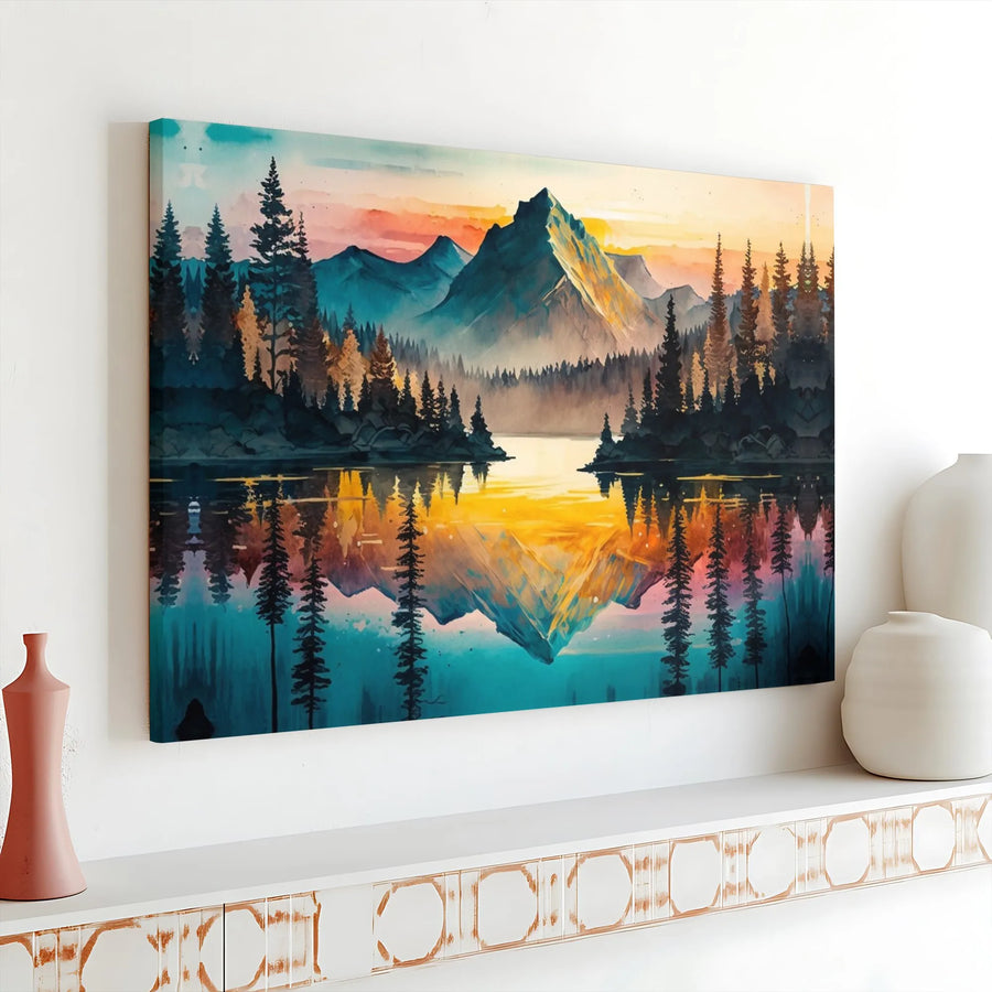 Watercolor Mountain Lake Canvas | Sunset Forest Reflection Wall Art | 1.25” Gallery Wrap | Premium Nature Landscape Home Decor Gift