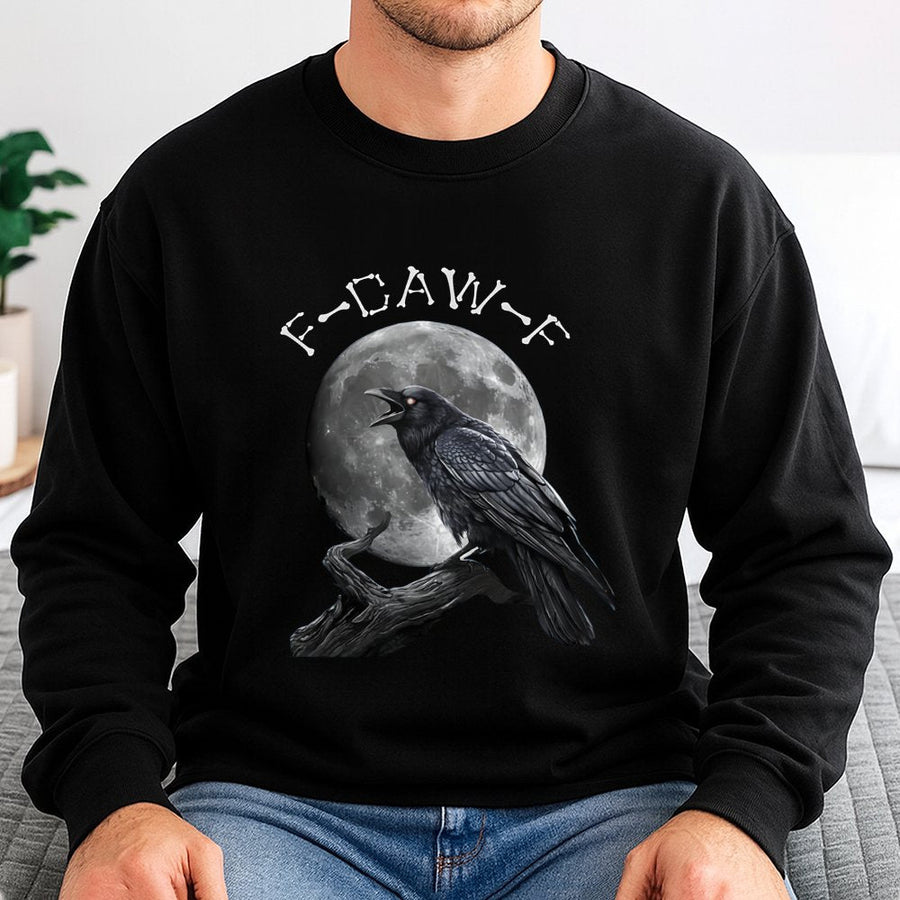 Crow Graphic Sweatshirt | F-Caw-F Gothic Moon Bird Design | Cotton-Blend Premium Apparel | Funny Nature Lover Gift Idea