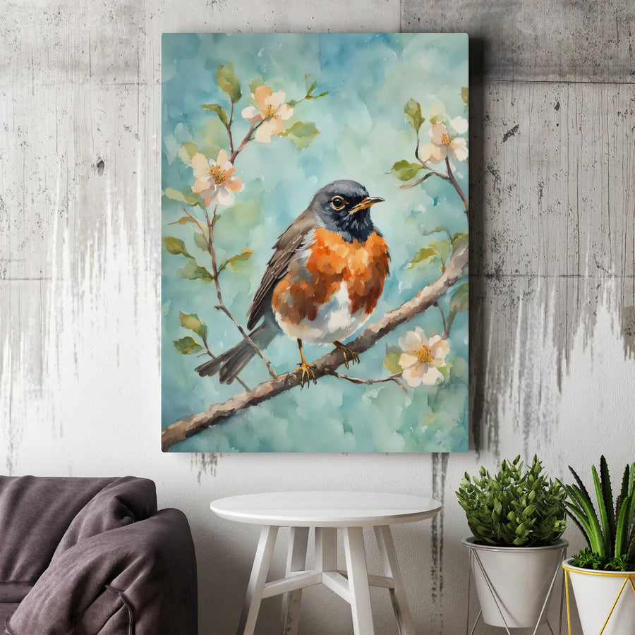 American Robin Canvas Wall Art | Watercolor Spring Bird Portrait | Gallery-Wrapped Premium Print | Nature Home Decor Gift for Bird Lovers