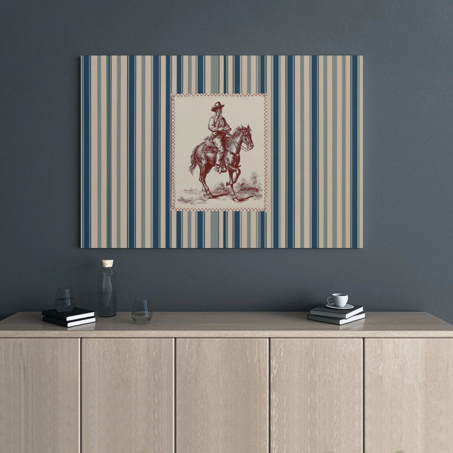 Vintage Cowboy Wall Art | Western Horse Illustration on Blue Stripes | 1.25 Inch Gallery Wrap Canvas | Rustic Home Decor for Living Room