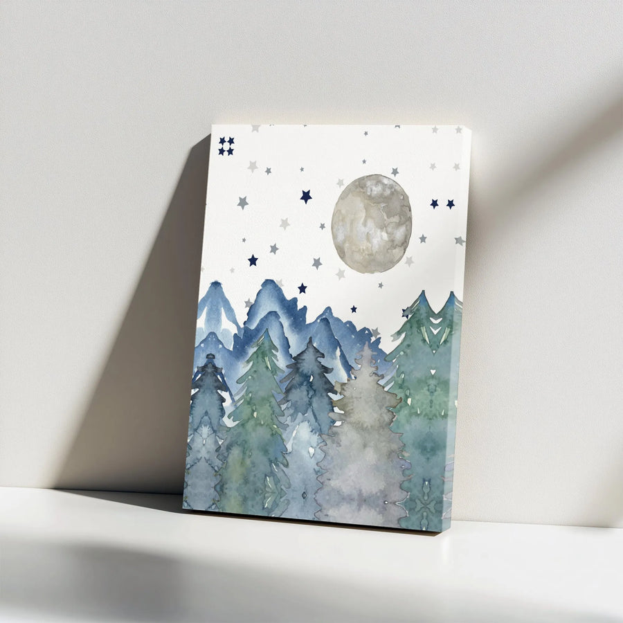 Watercolor Forest Night Sky Canvas | Moon and Stars Pine Tree Print | Premium Thick Gallery Wrap | Boho Woodland Nursery Decor Gift