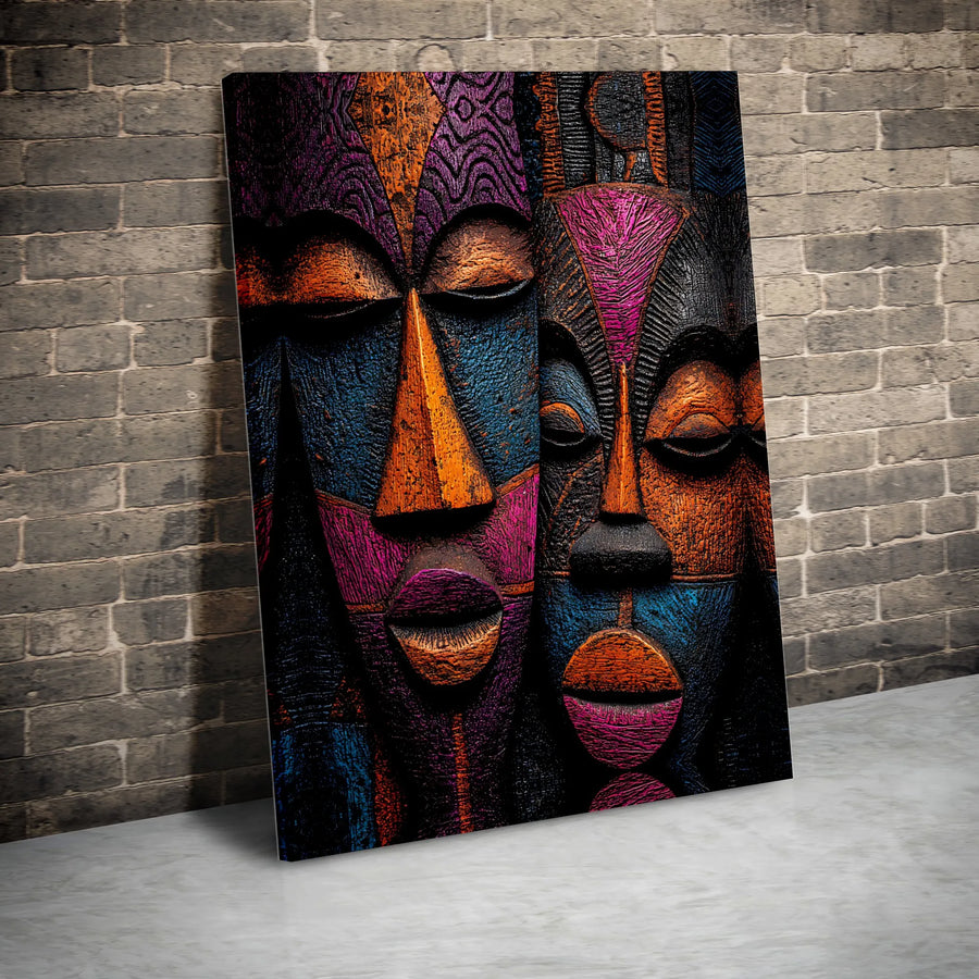 Tribal Mask Canvas Wall Art | Vibrant Textured Duo Abstract Print | Thick Gallery Wrapped Canvas | Modern Afrocentric Home Decor Gift