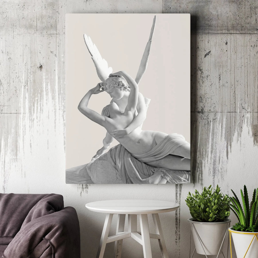 Psyche Revived By Cupid's Kiss Canvas | Classical Greek Statue Wall Art | Gallery Wrapped Premium Print | Romantic Aesthetic Home Decor Gift