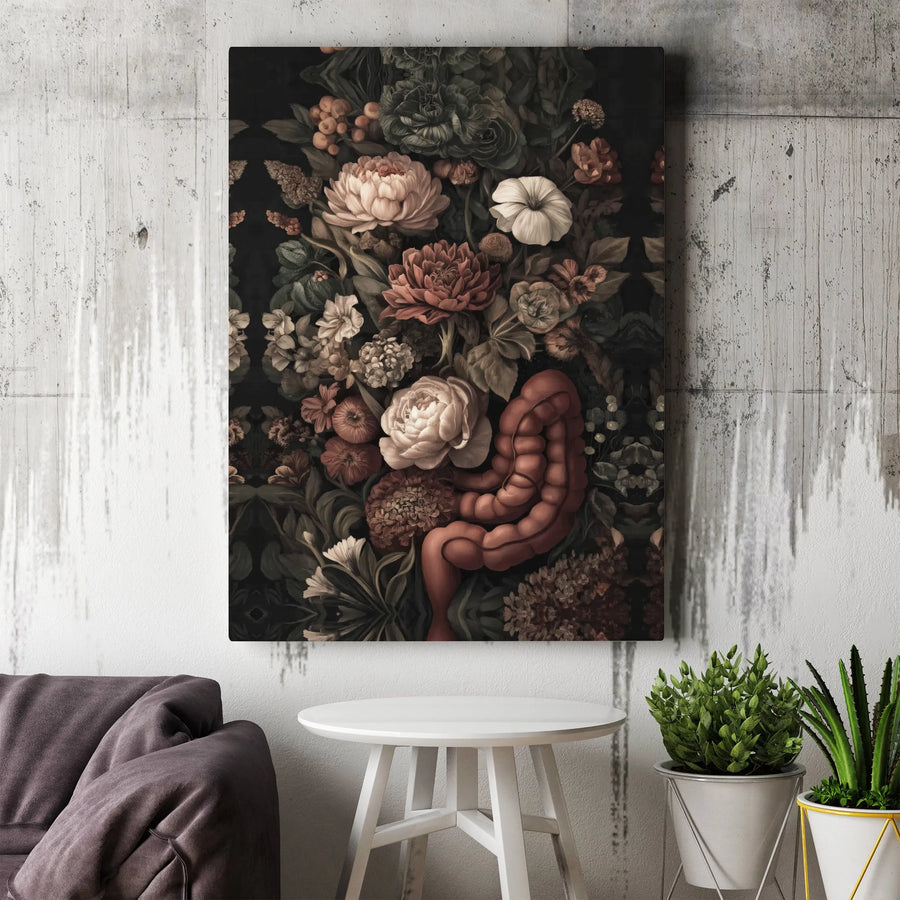 Anatomy Floral Canvas Print | Dark Botanical Intestines Art | Premium Gallery Wrapped Wall Decor | Unique Medical Office Gift for Doctor