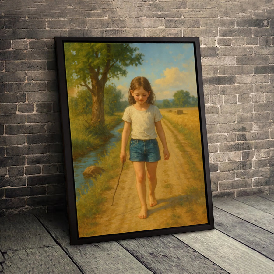 Young Girl Countryside Canvas Print | Impressionist Childhood Farm Road Art | Gallery-Quality 1.25" Profile | Rustic Home Decor Wall Art