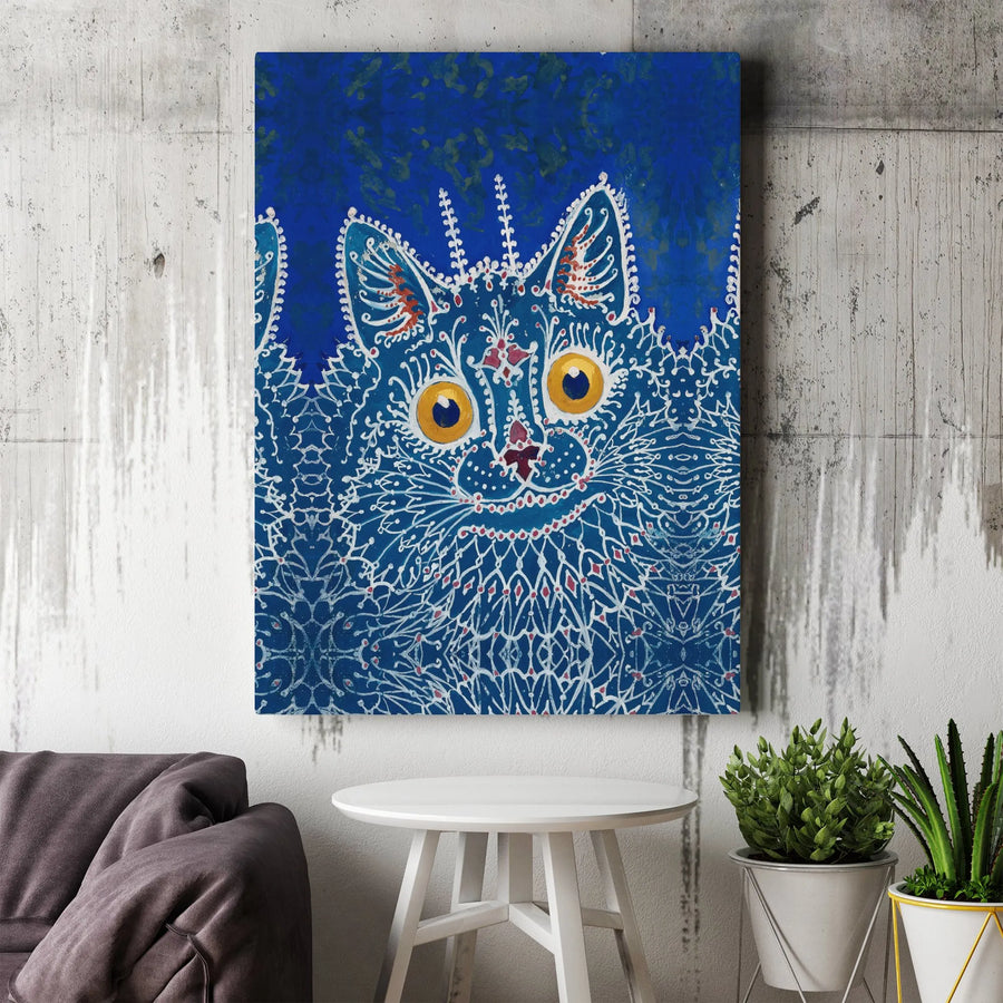 Blue Folk Art Cat Canvas Wall Art | Intricate Bohemian Pattern Print | 1.25 Inch Gallery Wrap | Unique Cat Lover Home Decor Gift