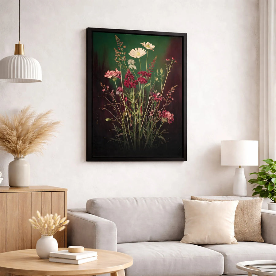 Moody Botanical Wall Art | Wildflower Bouquet Oil Painting Style | Premium Gallery Canvas Print | Elegant Home Decor Gift for Her