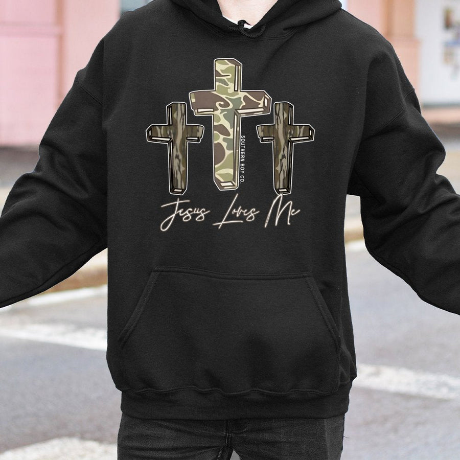 Jesus Loves Me Hoodie | Camo Three Cross Design | Premium Cotton Blend | Christian Faith Gift for Him or Her