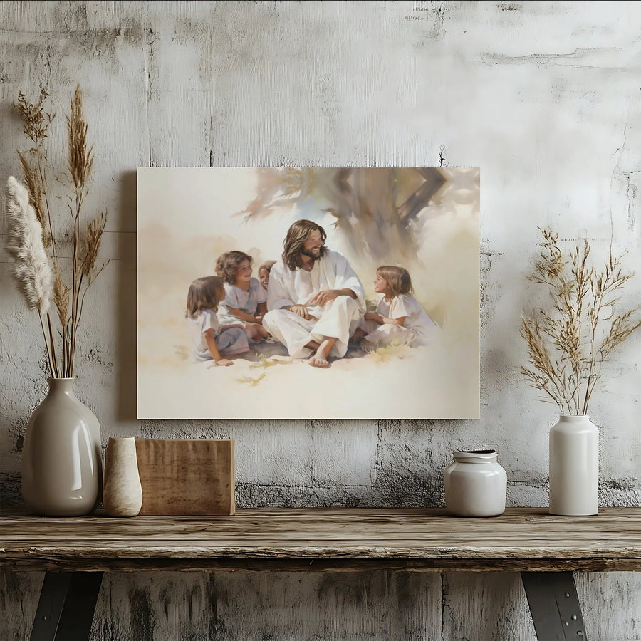 Jesus With Children Wall Art | Watercolor Religious Canvas Print | Premium Fade-Resistant Gallery Wrap | Christian Home Decor Gift