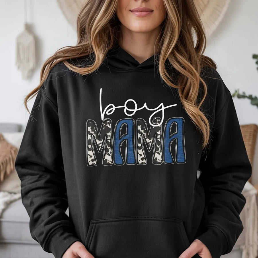 Boy Mama Hoodie | Blue And Cow Print Graphic Design | Premium Cotton-Polyester Blend | Trendy Mother's Day 2026 Gift For New Moms