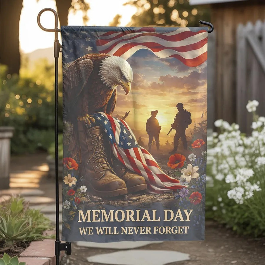 Memorial Day Garden Flag | Patriotic Eagle & Soldier Boots Design | Double Sided Weather Resistant Fabric | Remembrance Gift for Veteran Family Yard Decor
