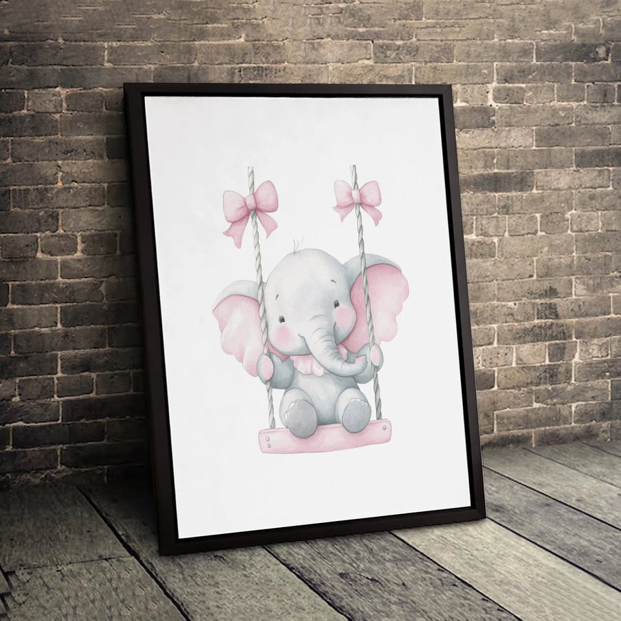 Baby Elephant Nursery Wall Art | Cute Watercolor Animal on Swing | Premium Gallery Canvas | Perfect Baby Shower Gift for Girls Room