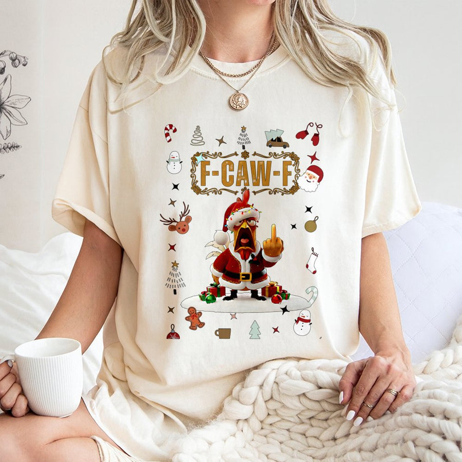 F-Caw-F Christmas T-Shirt | Santa Chicken Graphic Middle Finger | 100% Cotton Premium Tee | Funny Holiday Gift for Men and Women
