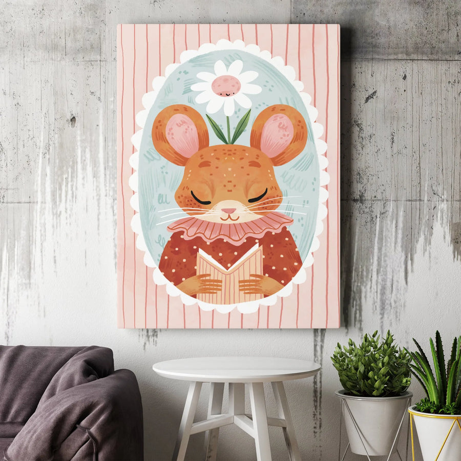 Whimsical Mouse Reading Book Canvas Print | Cute Woodland Animal Nursery Wall Art | Premium Gallery-Wrapped Gallery Quality | Gift for Kids Room Decor
