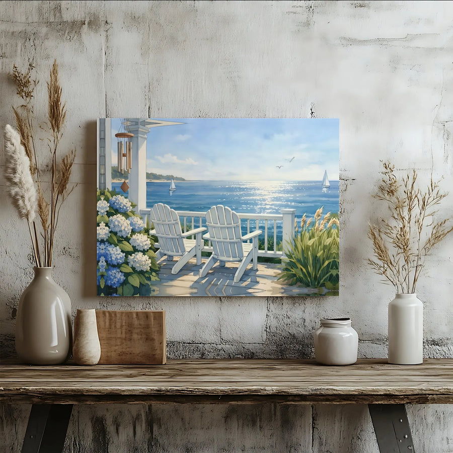 Serene Ocean View Canvas Wall Art | Adirondack Chairs on Porch Painting | Premium Fade-Resistant Print | Nautical Beach House Decor Gift