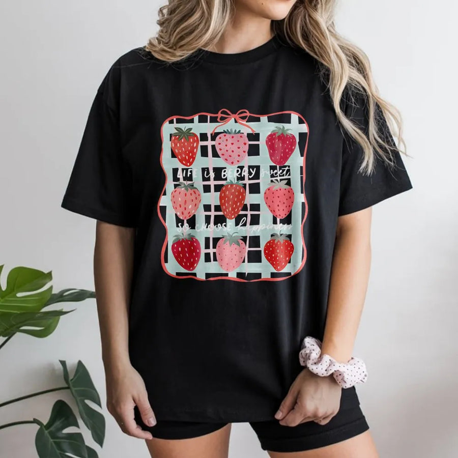 Strawberry T-Shirt | Life Is Berry Sweet Aesthetic Graphic | Premium Cotton Unisex Tee | Trendy Coquette Cottagecore Gift for Women