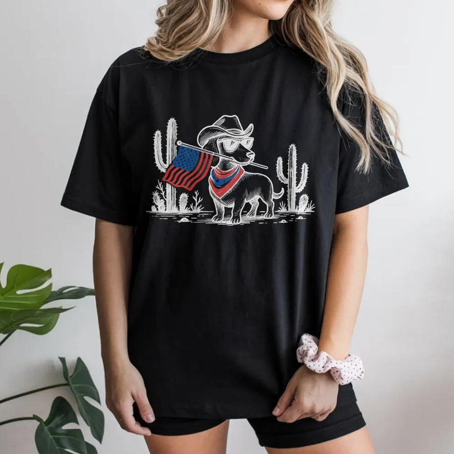 Patriotic Cowboy Dachshund T-Shirt | Funny USA Flag Wiener Dog Graphic | Soft Cotton Unisex Tee | Gift for Dog Lovers on July 4th