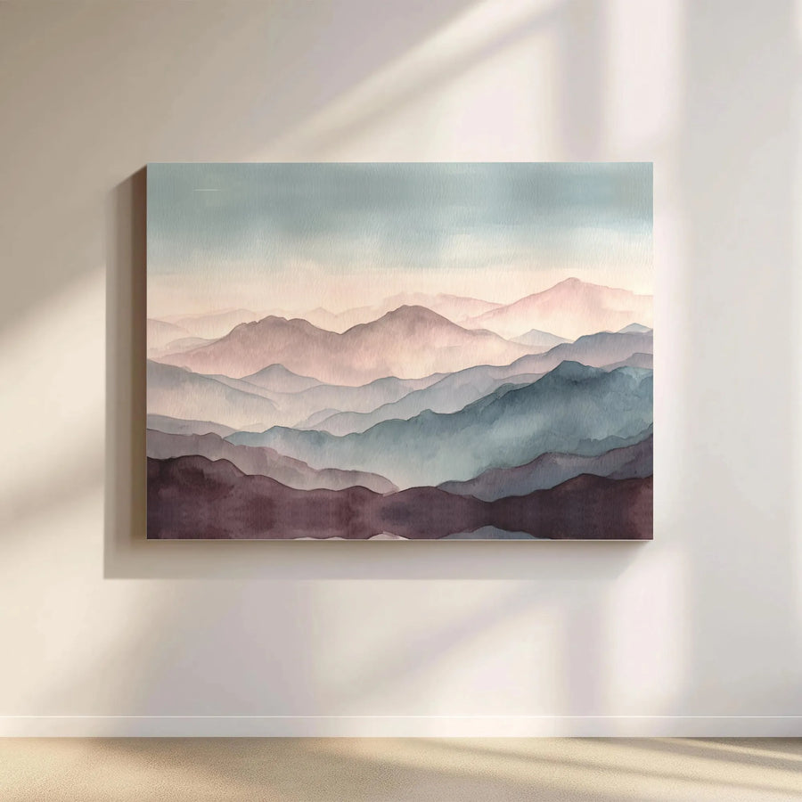 Misty Mountain Landscape Canvas | Watercolor Aesthetic Wall Art | Premium 1.25-Inch Gallery Wrap | Modern Home Office Decor
