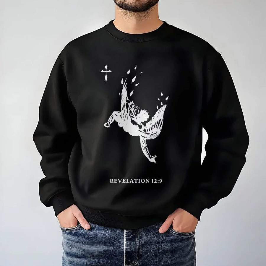 Revelation 12:9 Angel Graphic Sweatshirt | Fallen Angel Religious Print | Premium Cotton Blend Crewneck | Christian Apparel Unisex Gift for Men Women