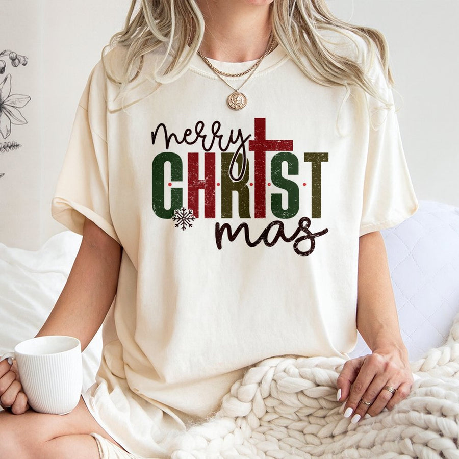 Religious Christmas T-Shirt | Merry Christ-mas Cross Typographic Design | Soft 100% Cotton Premium Tee | Christian Holiday Faith Gift for Adults