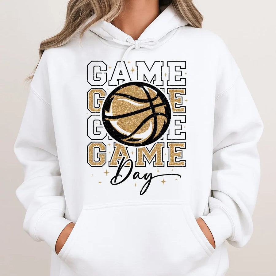 Game Day Basketball Hoodie | Glitter Gold Ball Graphic | Premium Cotton Blend | Basketball Mom Gift For Sports Fan