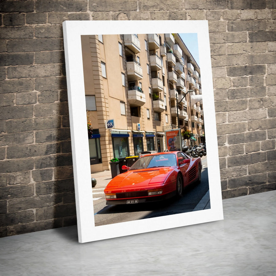 Vintage Red Sports Car Canvas Wall Art | 80s Italian Supercar Street Photography | Premium Gallery-Wrapped Print | Automotive Decor for Men