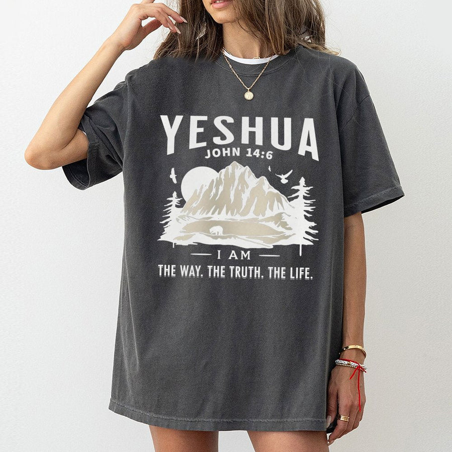Yeshua John 14:6 Christian T-Shirt | Mountain Landscape Graphic Tee | 100% Premium Cotton | Faith-Based Gift for Men and Women