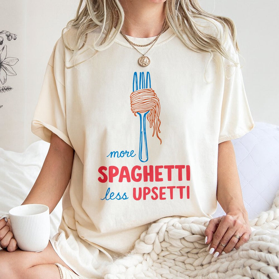 More Spaghetti Less Upsetti T-Shirt | Funny Food Graphic Tee | Premium 100% Cotton | Quirky Gift for Pasta Lovers & Foodies