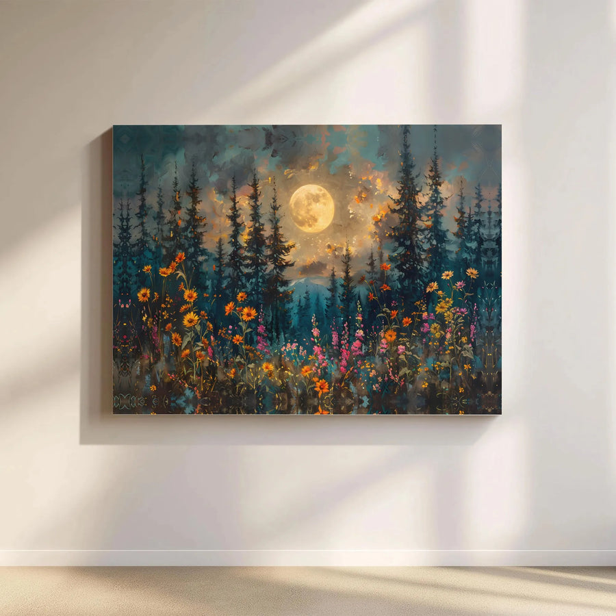Moonlit Forest Canvas Wall Art | Colorful Wildflower Landscape Print | Premium 1.25" Gallery Wrap | Nature-Inspired Home Decor Gift