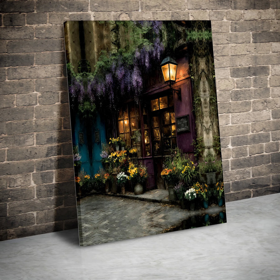 Parisian Flower Shop Canvas Print | Nighttime Wisteria Garden Art | Premium Gallery-Wrapped Wall Decor | Romantic French Cityscape Gift