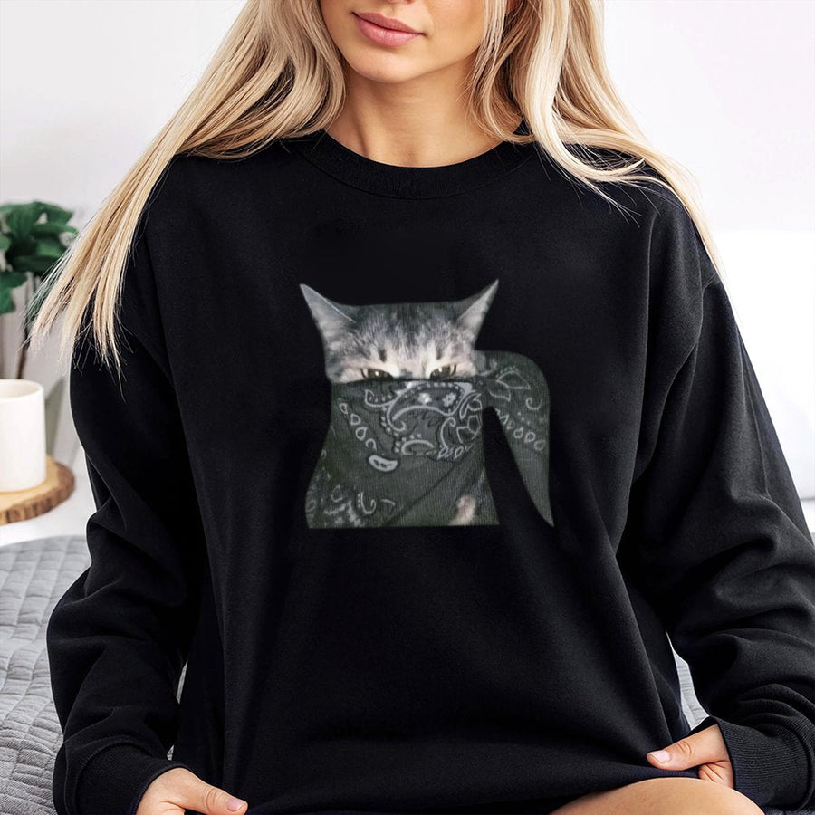 Outlaw Cat Graphic Sweatshirt | Bandit Kitten With Bandana Design | Premium Cotton Blend Crewneck | Funny Animal Meme Gift For Cat Lovers
