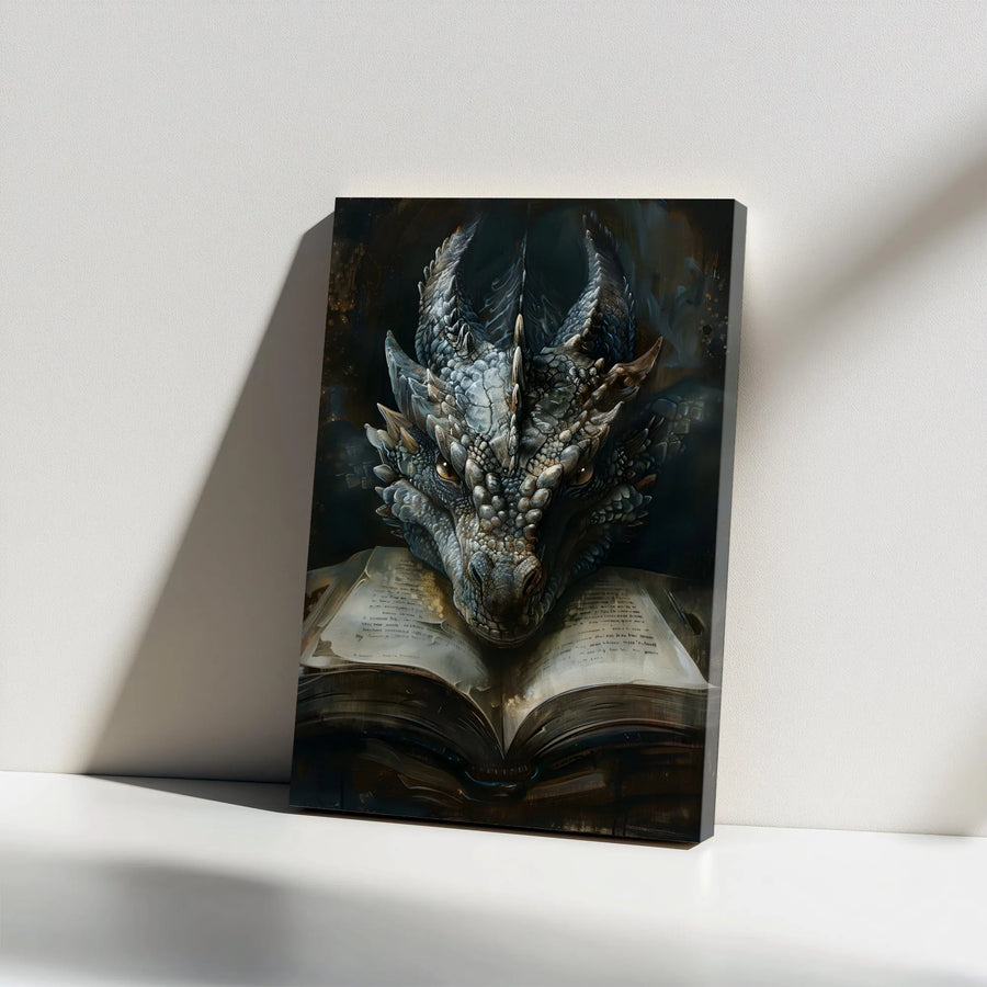 Fantasy Dragon Vertical Canvas | Mythical Creature Reading Ancient Book Art | Premium Gallery Wrapped Canvas | Collector's Gift for Fantasy Reader