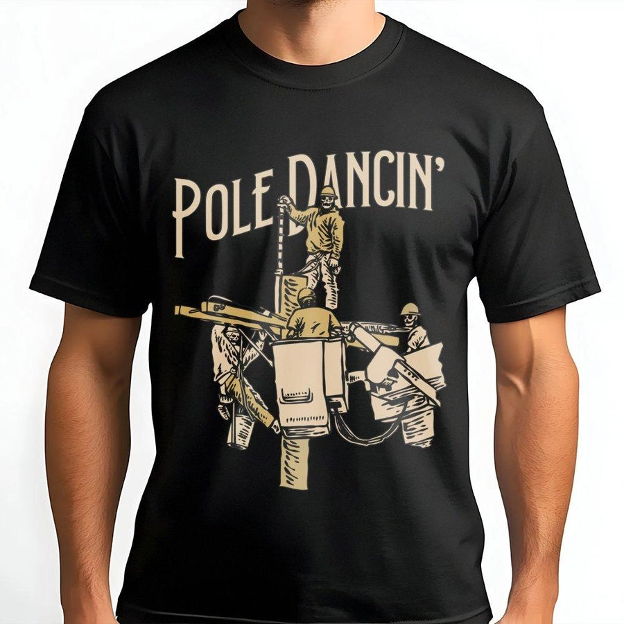 Lineman Pole Dancin' T-Shirt | Funny Skeleton Electrician Graphic | Premium Cotton Crewneck | Unique Gift for Powerline Technician & Utility Workers