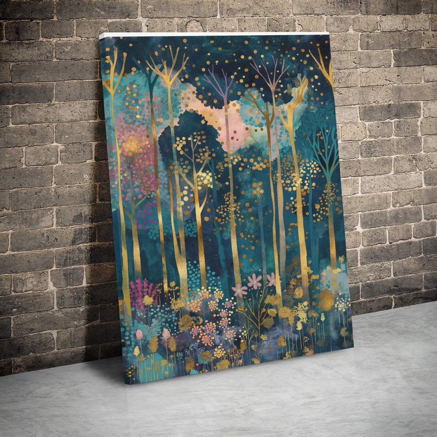 Abstract Enchanted Forest Canvas Art | Teal and Gold Woodland Wall Decor | Premium Gallery-Wrapped Print | Elegant Nature-Inspired Gift