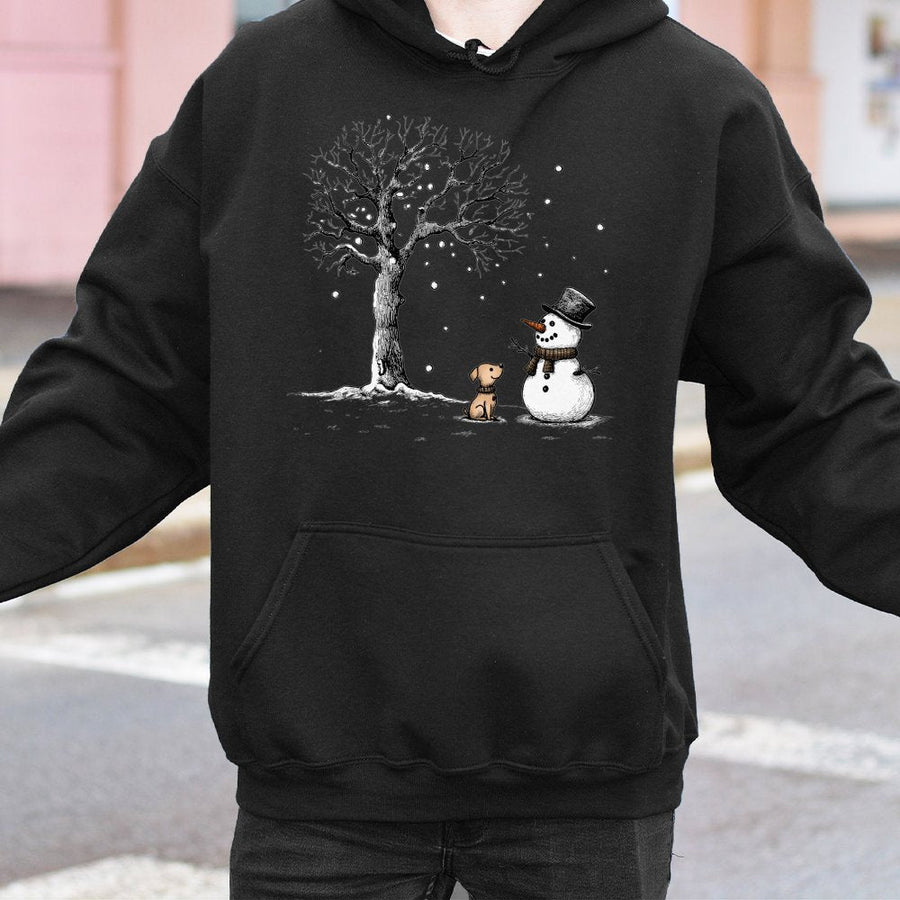 Snowman And Puppy Hoodie | Cute Winter Wonderland Graphic | Cotton-Poly Blend Premium Comfort | Festive Christmas Gift For Dog Lovers