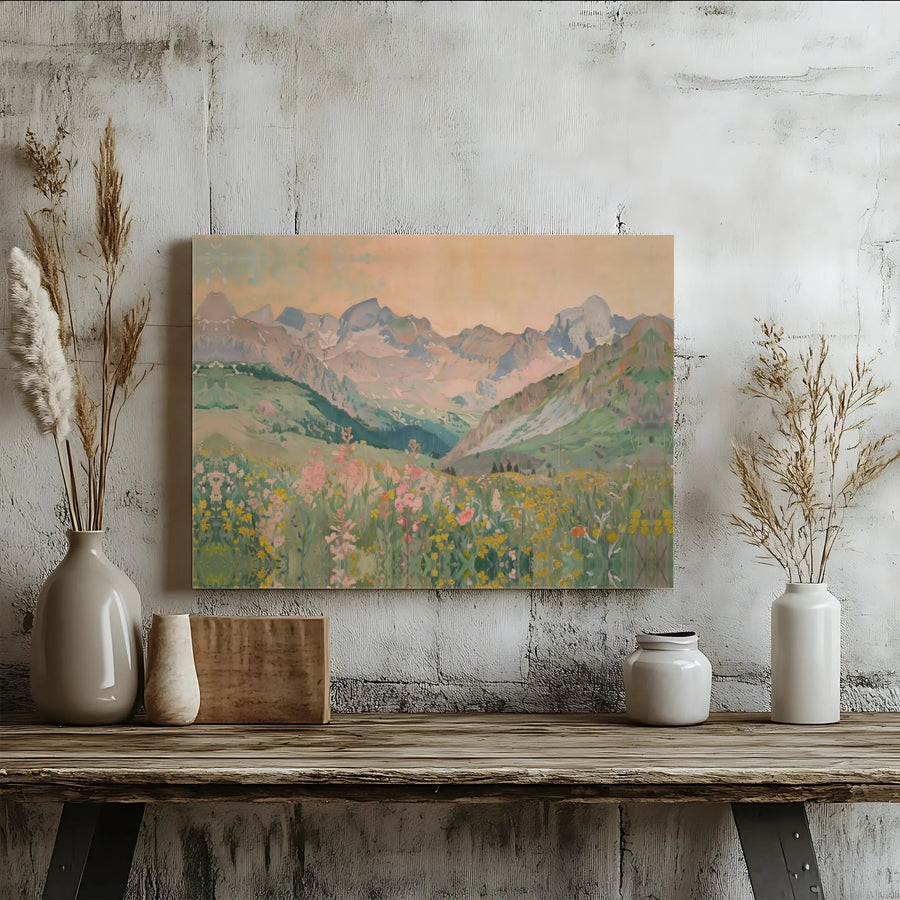 Impressionist Mountain Landscape Canvas | Wildflower Meadow Wall Art | Premium Gallery-Wrapped Print | Nature Decor For Home Or Office