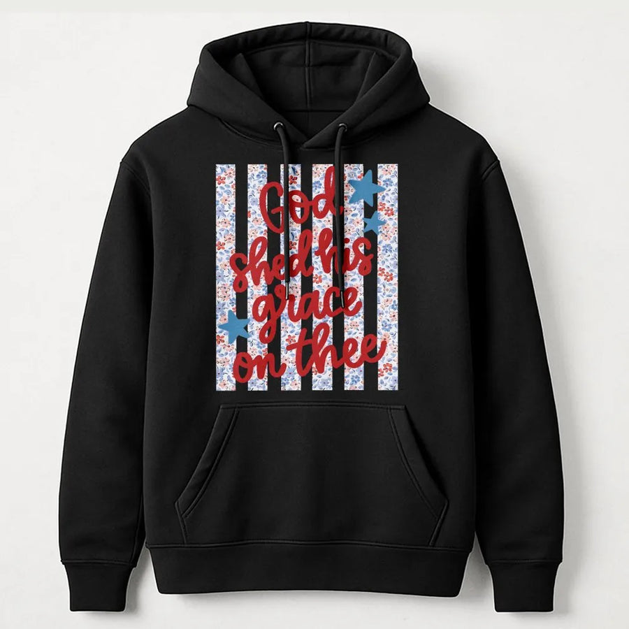 Patriotic Hoodie for Women | God Shed His Grace On Thee Floral Flag Graphic | Soft Cotton Blend Pullover | Christian Memorial Day Gift