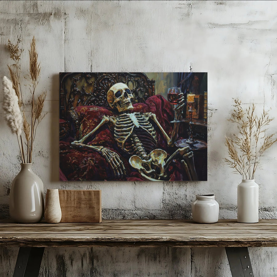 Gothic Skeleton Wall Art | Reclining Skeleton Drinking Red Wine Canvas | Premium Gallery Wrapped Decor | Moody Dark Academia Home Gift