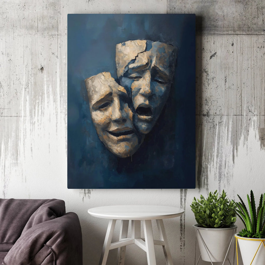 Theater Masks Canvas Wall Art | Comedy and Tragedy Dramatic Oil Style | 1.25 Inch Gallery Wrap | Premium Decor for Actors and Drama Lovers