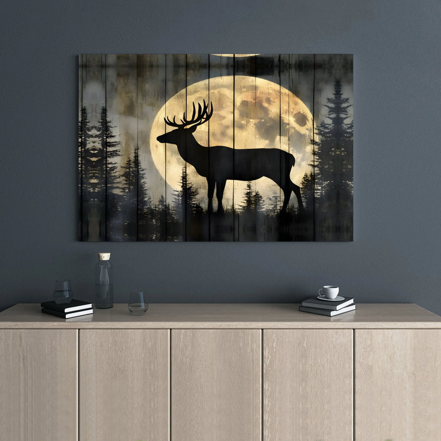 Elk Silhouette Canvas Art | Full Moon Pine Forest Rustic Wall Decor | Gallery Wrapped Premium Print | Nature Lover Cabin Gift