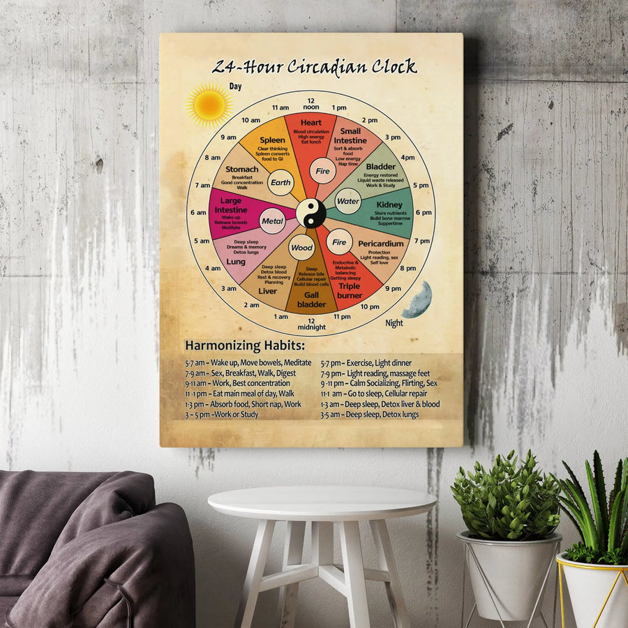24-Hour Circadian Clock Chart | Traditional Chinese Medicine Organ System Wall Art | Premium Gallery Wrapped Canvas | Holistic Health Gift Decor
