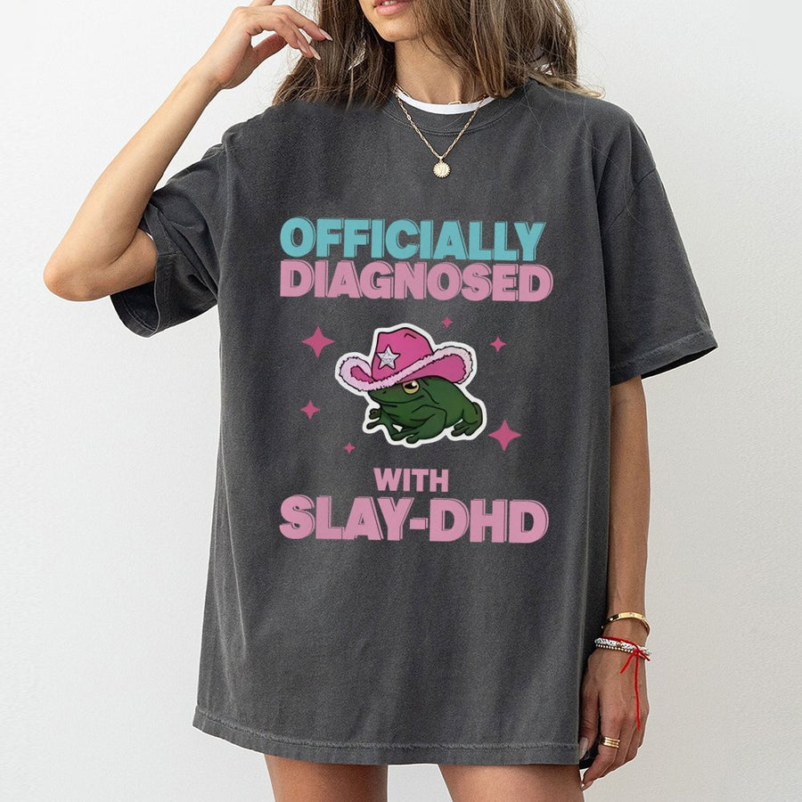 Slay-DHD T-Shirt | Funny Cowboy Frog Graphic | 100% Cotton Premium Tee | Neurodivergent Humor Gift for Men and Women