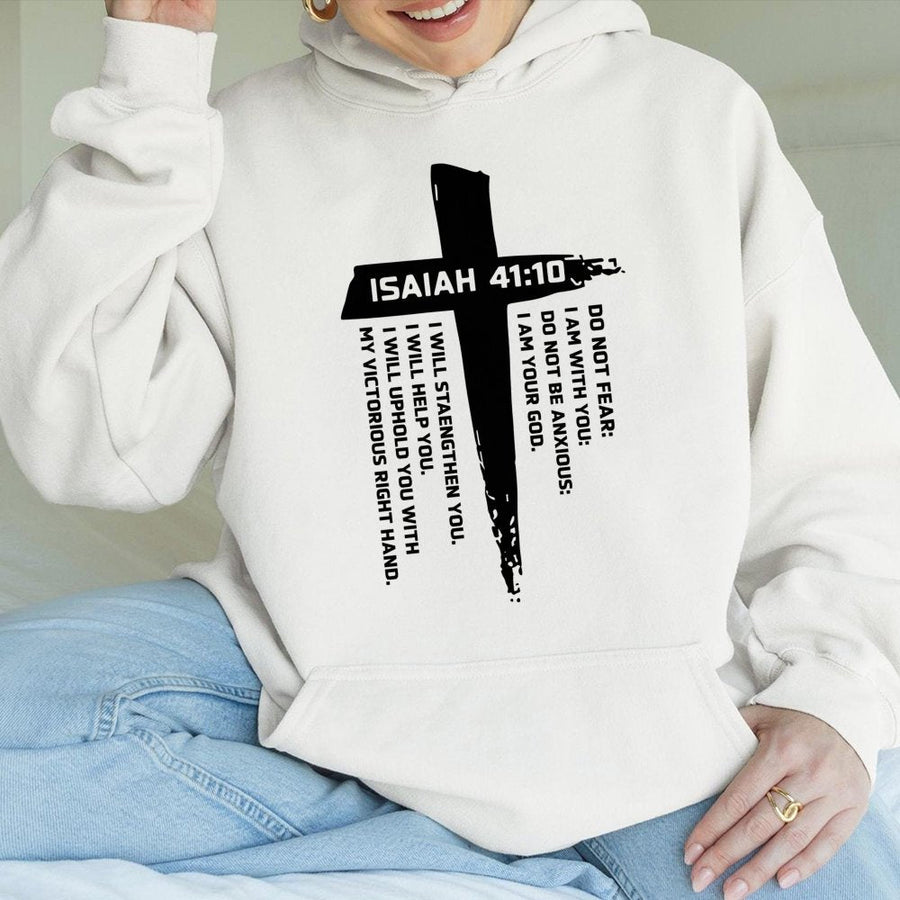 Isaiah 41:10 Bible Verse Hoodie | Cross Scripture Graphic Design | Premium Cotton-Blend Pullover | Christian Faith-Based Religious Gift for Men Women
