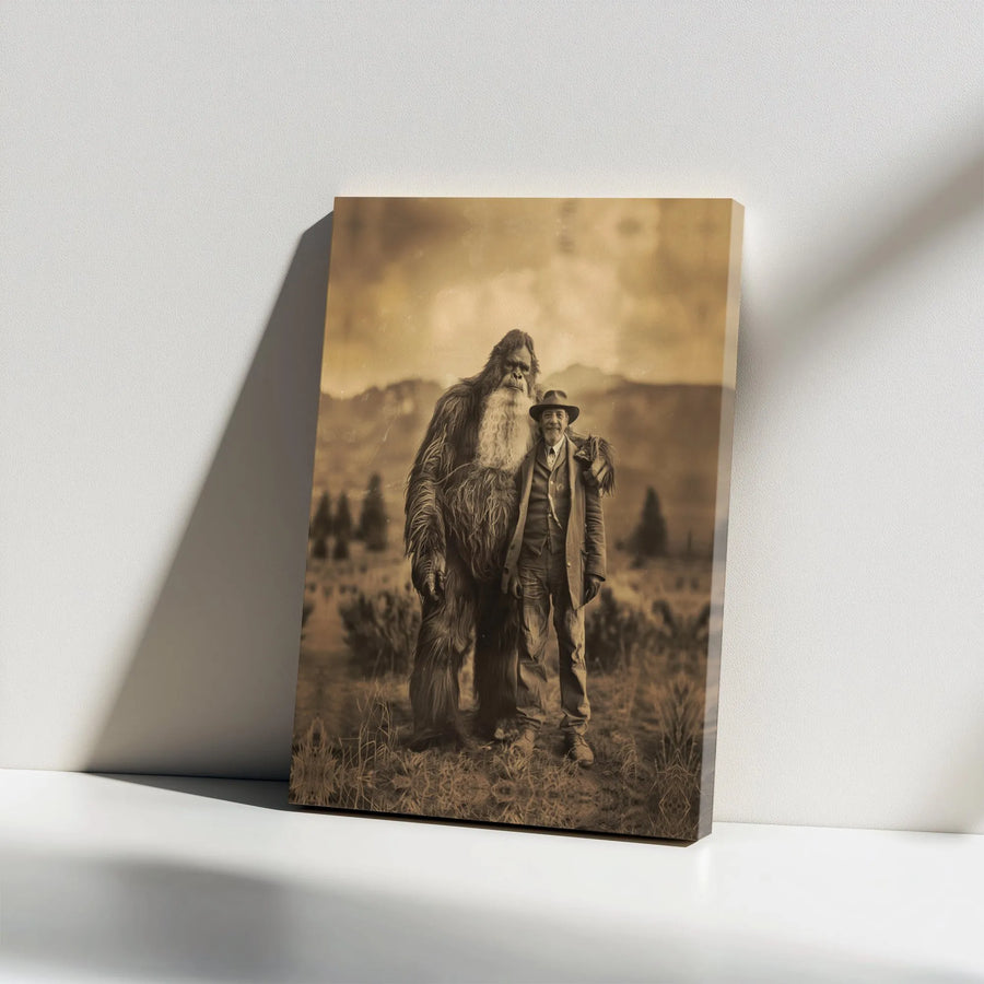 Bigfoot Wall Art Canvas | Vintage Sepia Photograph Print | Premium Gallery Wrap Decor | Unique Sasquatch Gift for Cryptid Lovers